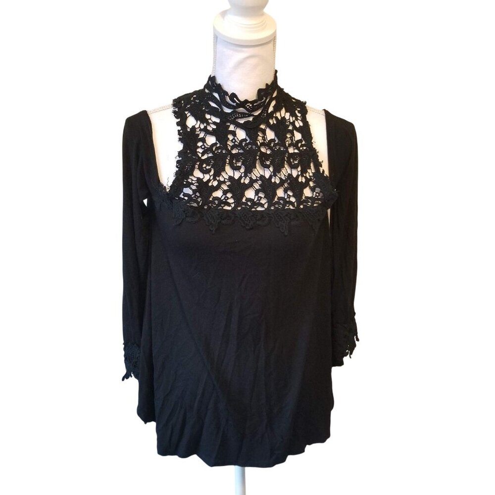 Black Lace High Neck Blouse Womens M 3/4 Sleeve Open Back Button Closure Elegant